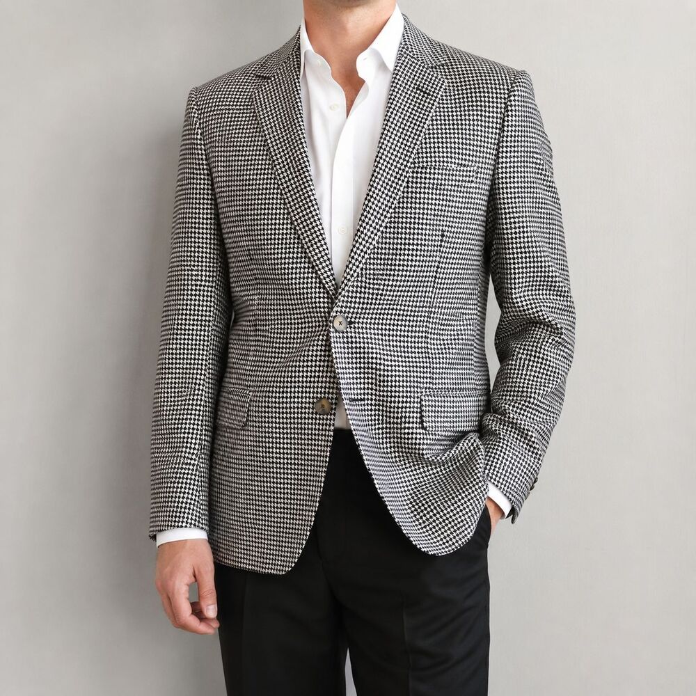 Mens Wool Sport Coat 44R Black White Houndstooth Blazer 2 Button Wedding Formal